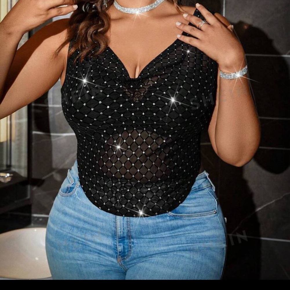 NEW| SHEIN Women’s Plus Size Rhinestone Draped Collar Blouse - Picture 4 of 4